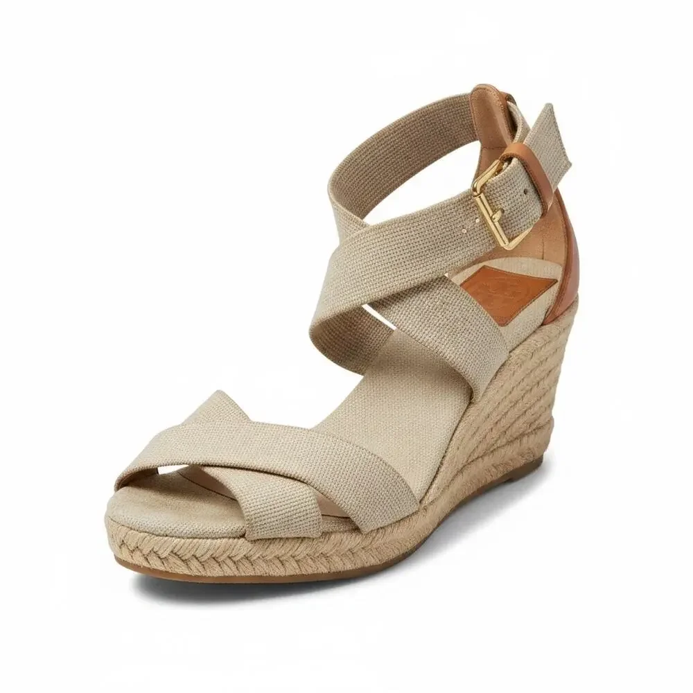 Tory Burch Adonis Beige Canvas Espadrille Wedge Sandals Sz 8.5